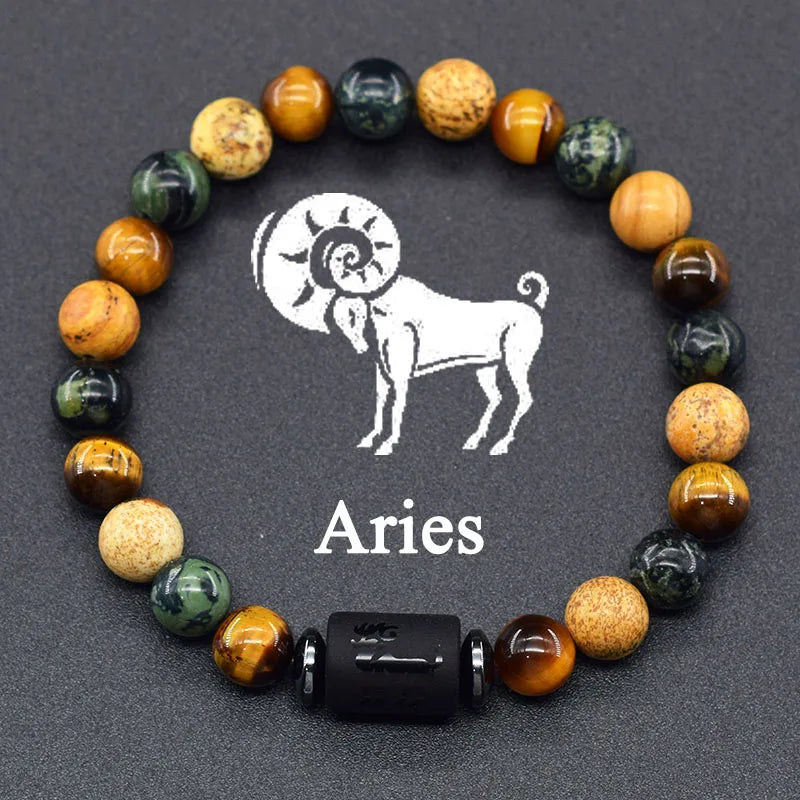 12 Zodiac Constellation Signs Bracelet for Men & Women – Natural Tiger Eye Stone Beaded Bracelet, Leo Taurus Charm Couple Jewelry