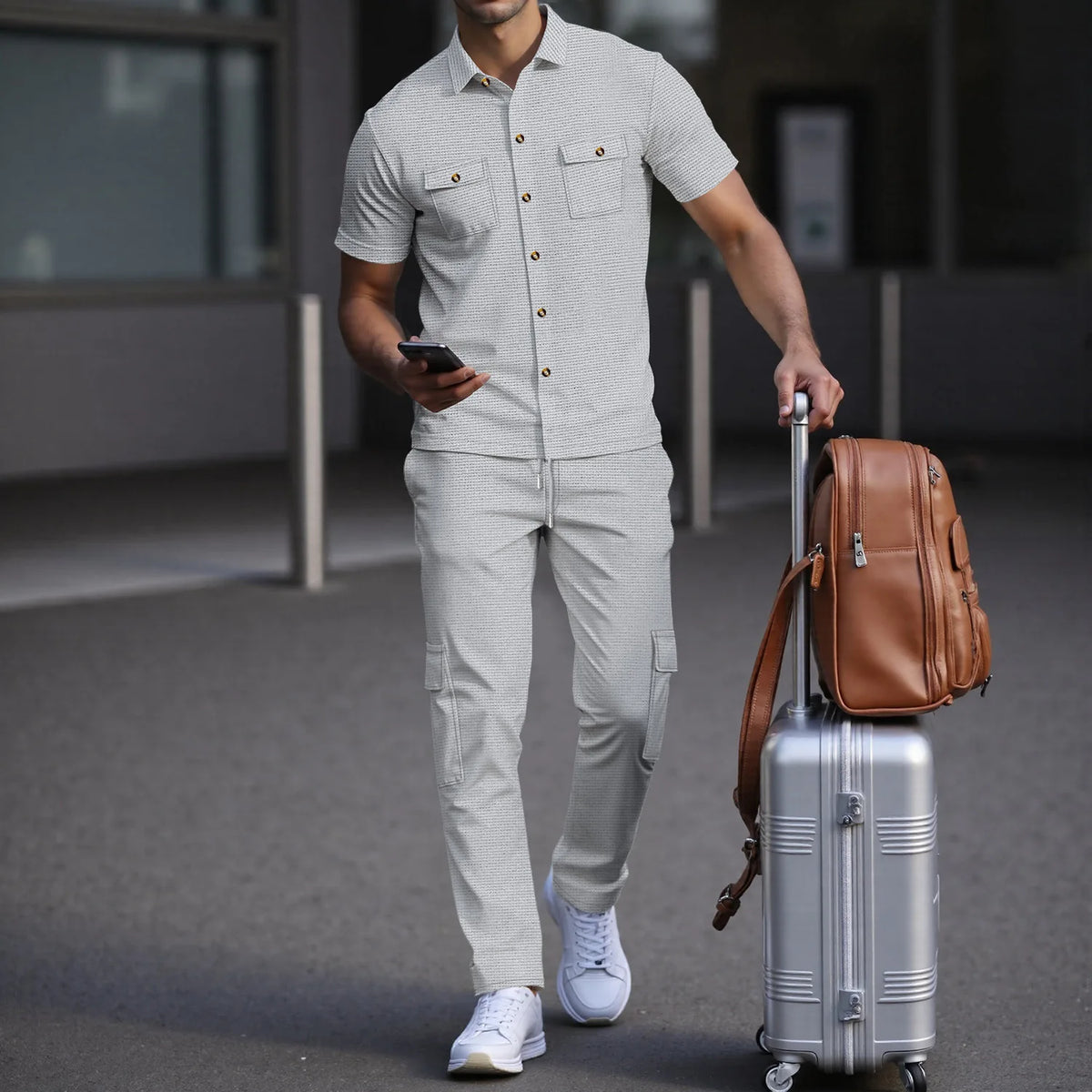 Men's Matching Sets: Waffle Knit 2PC Outfit & Light Coats, Short Sleeve Cargo Shirt & Drawstring Multi-Pkt Pants for Daily
