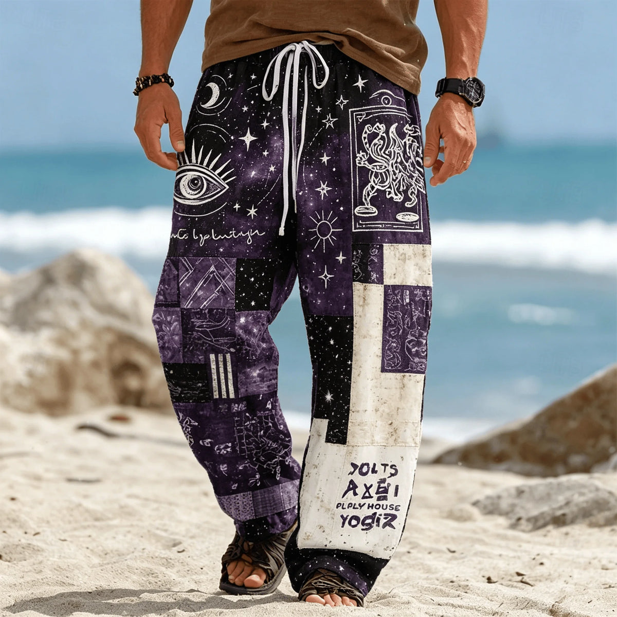 Men's Ethnic Tribal Patchwork Print Drawstring Pants, Casual Boho Trousers for Summer Beach & Vacation