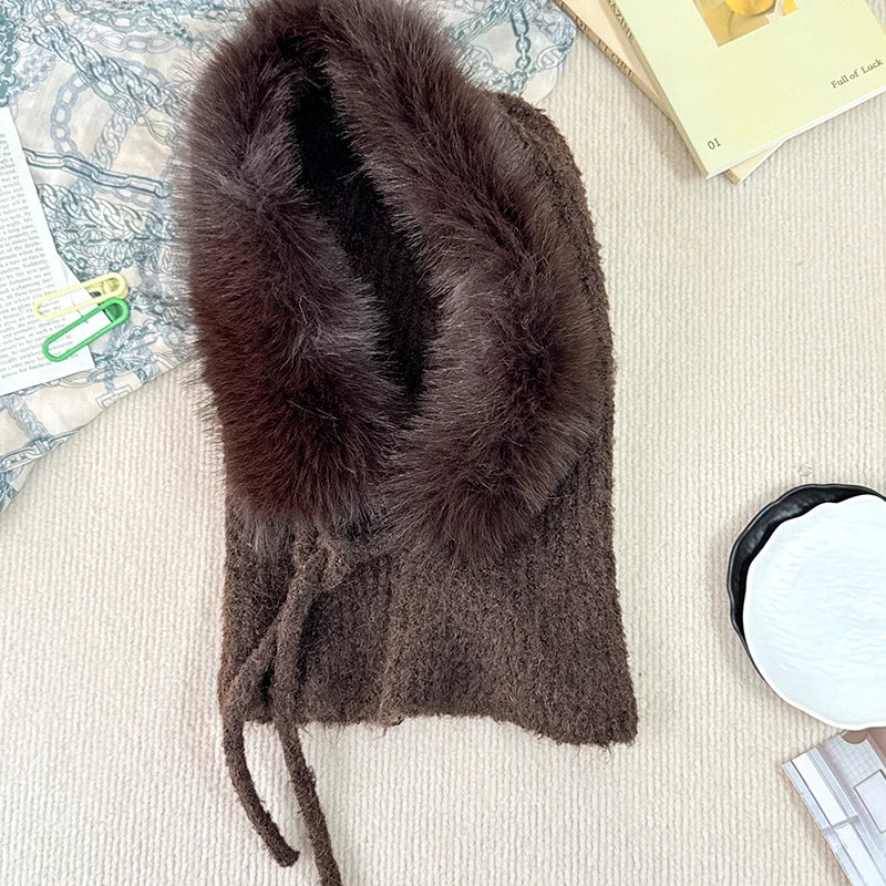 New Balaclava Women's Winter Wool Knitted Hat Ski Windproof Hat Thick Plush Fluffy Beanies Hood Pullover Hats for Riding Outdoor