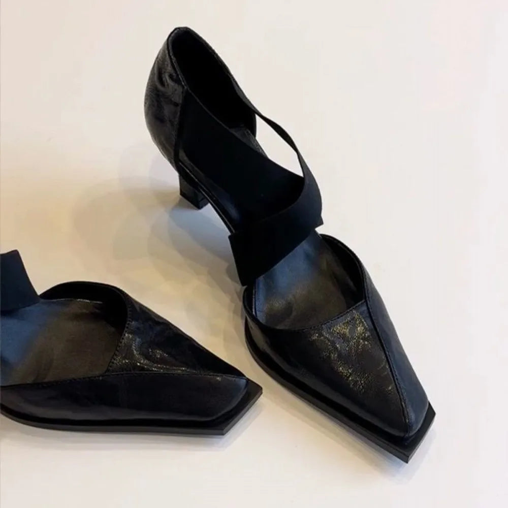 Women’s French Elegant Mary Jane Pumps with Cross Elastic Strap, Square Toe & Block Heel