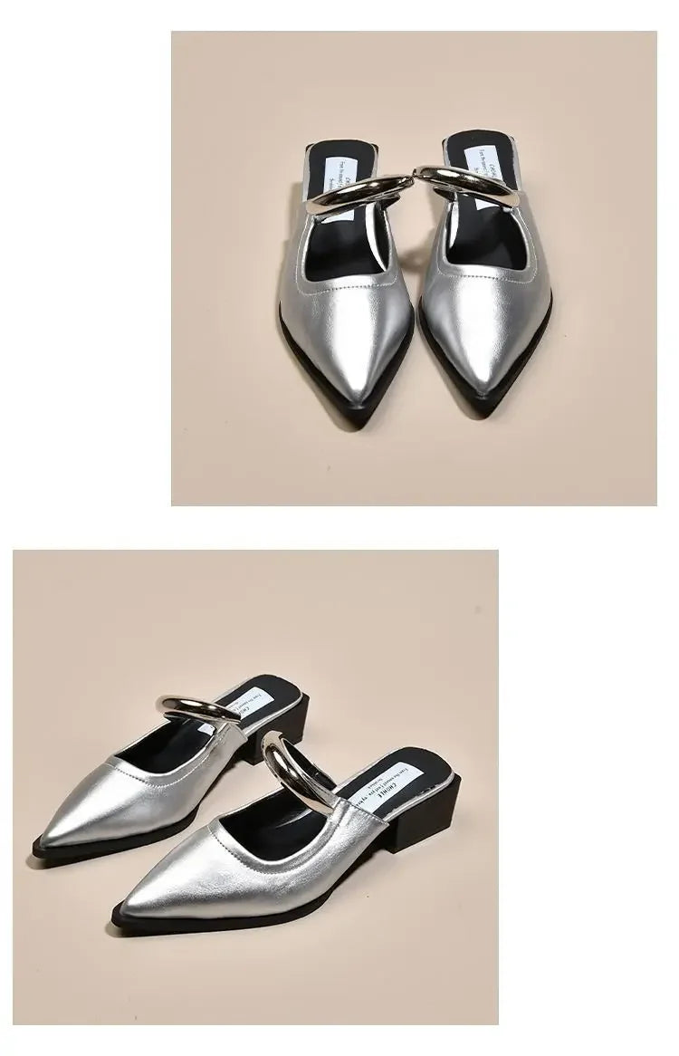 2026 New Women Cover Toe Mules Slippers Fashion Metal Decoration Thick Heel Slide Shoes Comfort Street Style Footwear