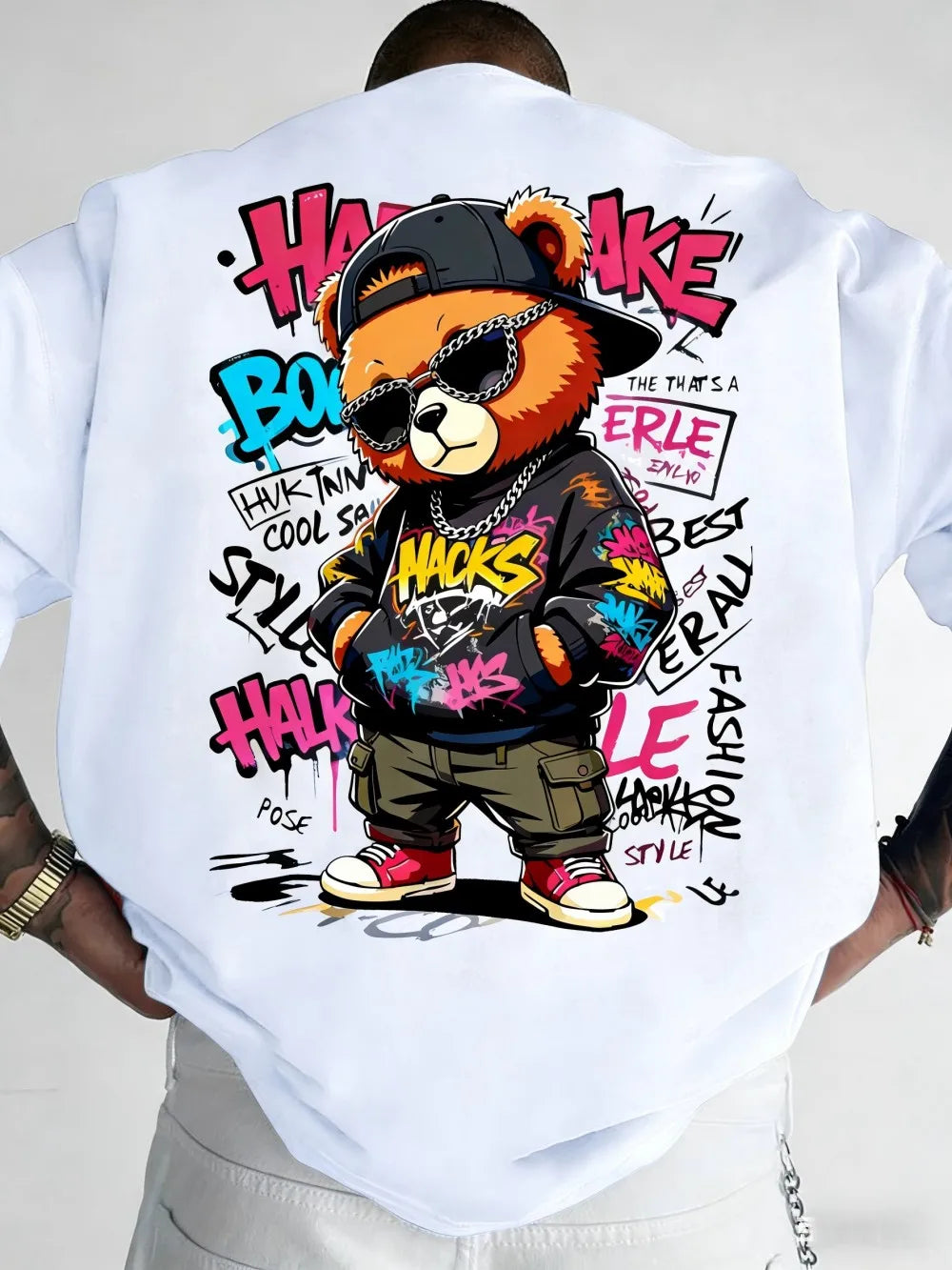European and American Men's Summer Teddy Bear Graffiti Print Comfortable and Breathable Round Neck T-Shirt Outdoor Street Top
