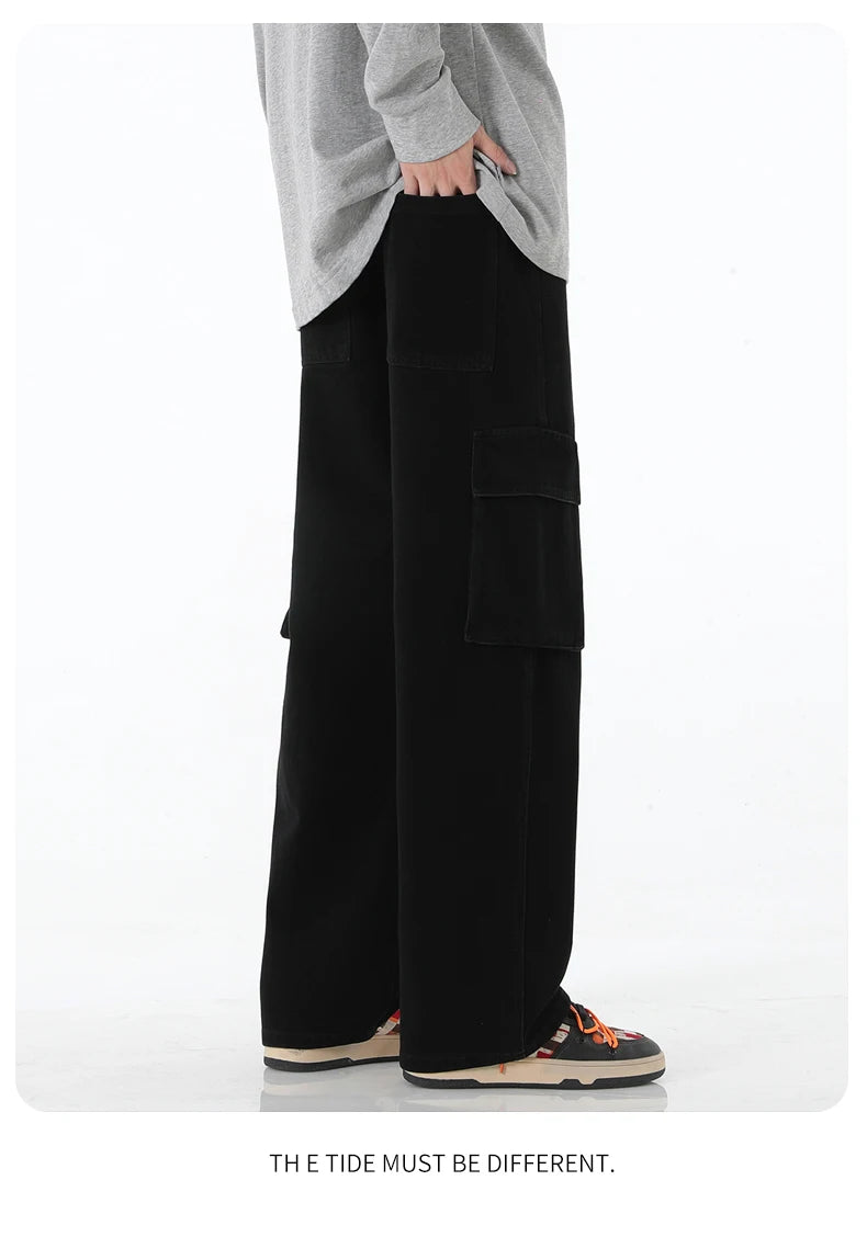 2024 New Men Baggy Cargo Jeans Fashion Streetwear Vintage Wide Leg Pants American Streetwear Y2K Big Pocket Youth Overalls