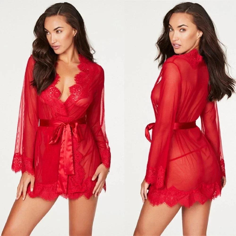 Sexy Sleepwear Deep-V Night Dress Women Nightgown Lace See-Through Nightie Lingerie Sleeveless Mini Dress Exotic Nightdress