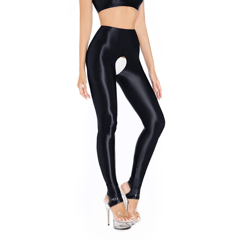 Womens Oil Glossy Open Crotch Leggings Sexy Crotchless Pants Elastic Waistband Stretchy Thigh Skinny Trouser for Yoga Nightwear