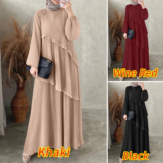 ZANZEA Women’s Modest Pleated Layered Maxi Dress