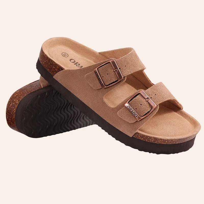 Comwarm Classic Cork Slippers For Women New Fashion Suede Flats Sandals Summer Couple Beach Slides Shoes With Adjustable Buckle
