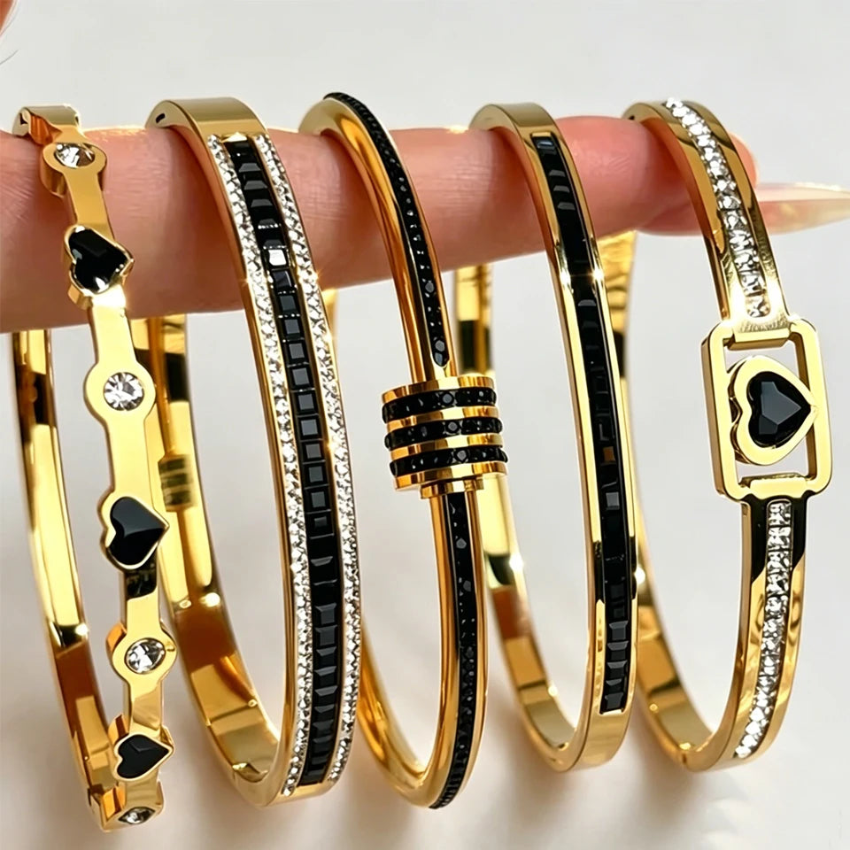 ZAKOL 5/1PCS Bling Black Crystal Zircon Stainless Steel Bracelet Set for Women – Trendy Waterproof Stackable Fashion Jewelry