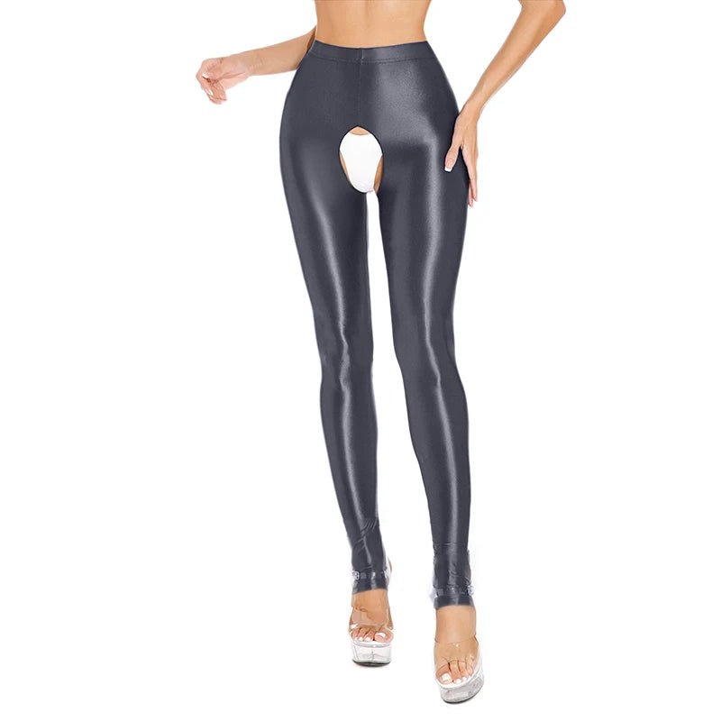 Womens Oil Glossy Open Crotch Leggings Sexy Crotchless Pants Elastic Waistband Stretchy Thigh Skinny Trouser for Yoga Nightwear