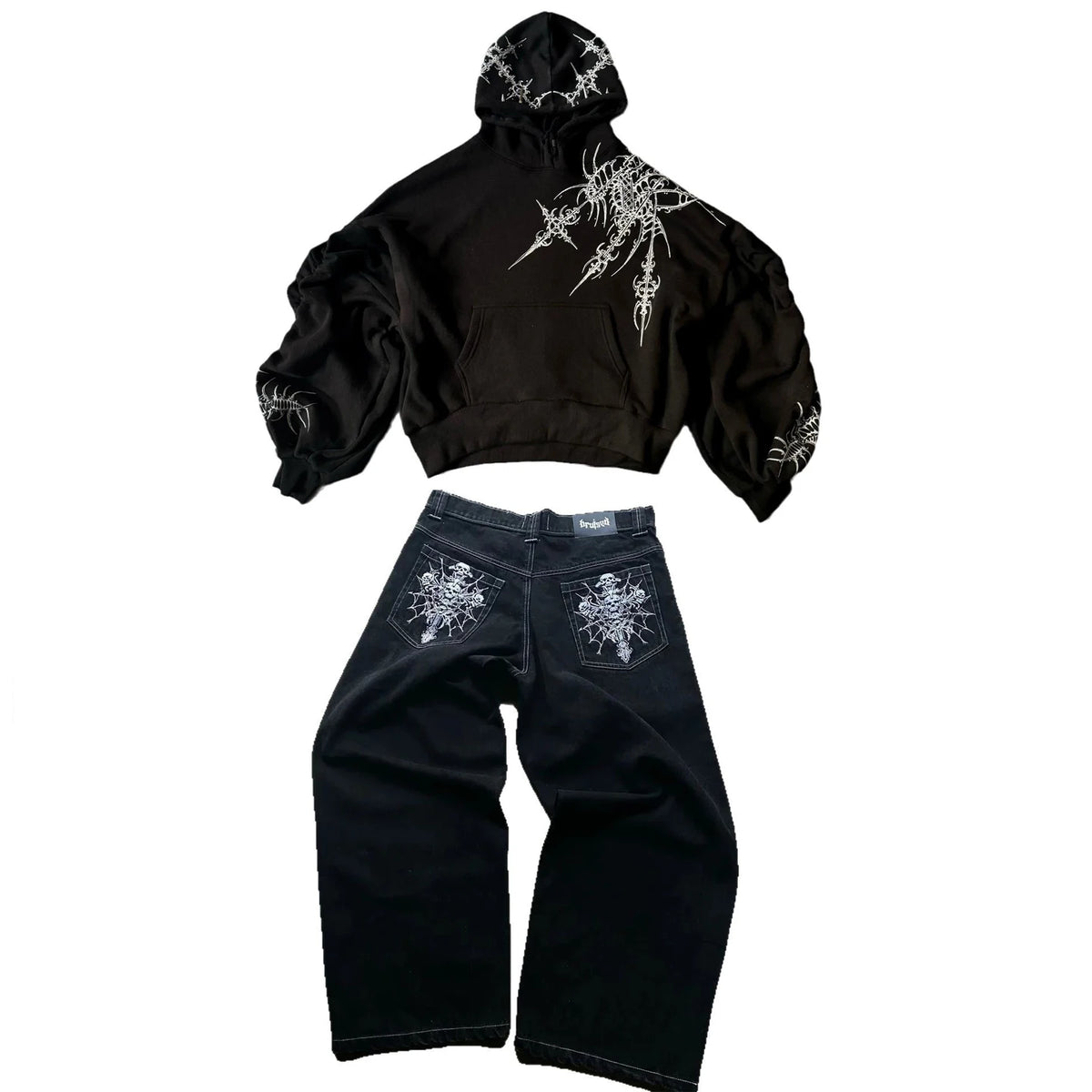 New Y2K Streetwear Jeans American Street Clothes Mens Womens Harajuku Skull Straight Wide-leg Pants Hip-hop Casual Hoodie Top