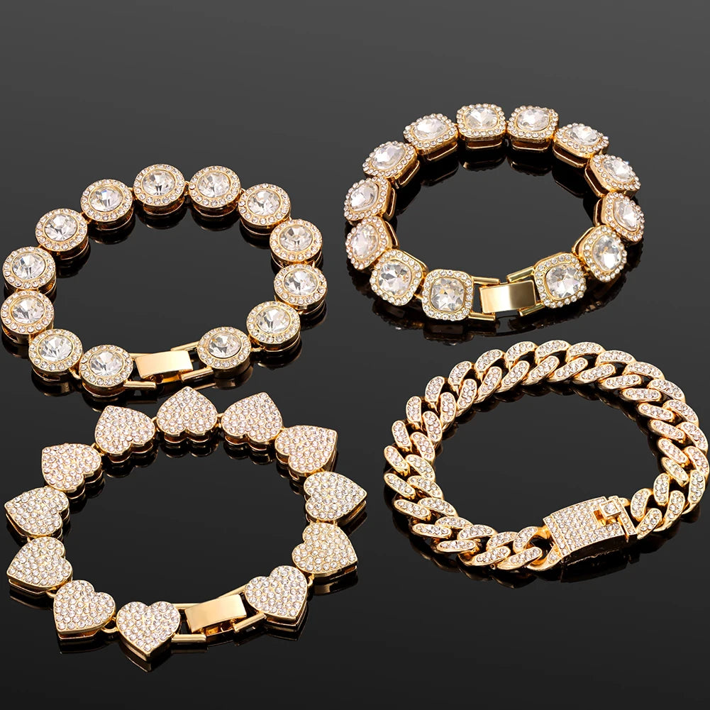 Iced Out Pink Cuban Bracelet Set for Women – 4Pcs Hip Hop Crystal Heart, Circle & Square Gold/Silver Tone Bracelets, Fashion Jewelry Gift