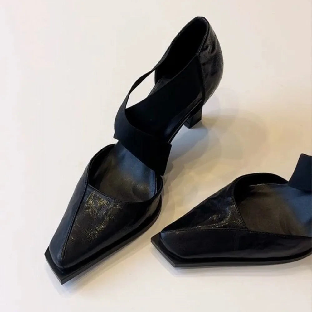 Women’s French Elegant Mary Jane Pumps with Cross Elastic Strap, Square Toe & Block Heel