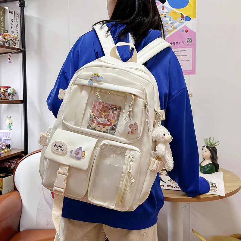 Cute Women’s Waterproof Nylon Backpack – Multi-Pocket Kawaii School Bag, Laptop & Book Pack for Girls, Stylish Student Travel Backpack