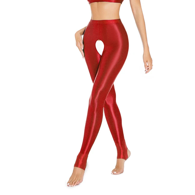 Womens Oil Glossy Open Crotch Leggings Sexy Crotchless Pants Elastic Waistband Stretchy Thigh Skinny Trouser for Yoga Nightwear