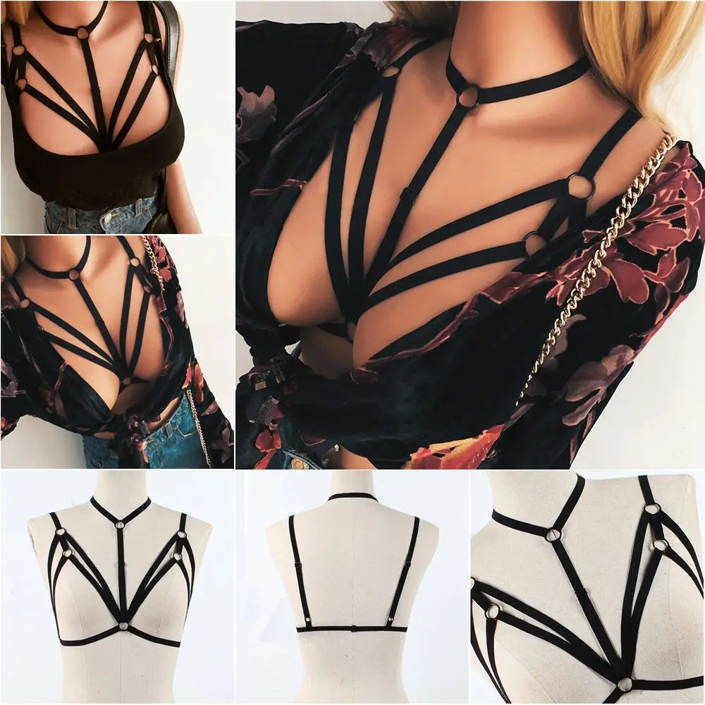 Fashion  Women's Sexy Black Lingerie Hollow Caged Harness Bra Tops Push Up Bralette Bustier Belt Bra