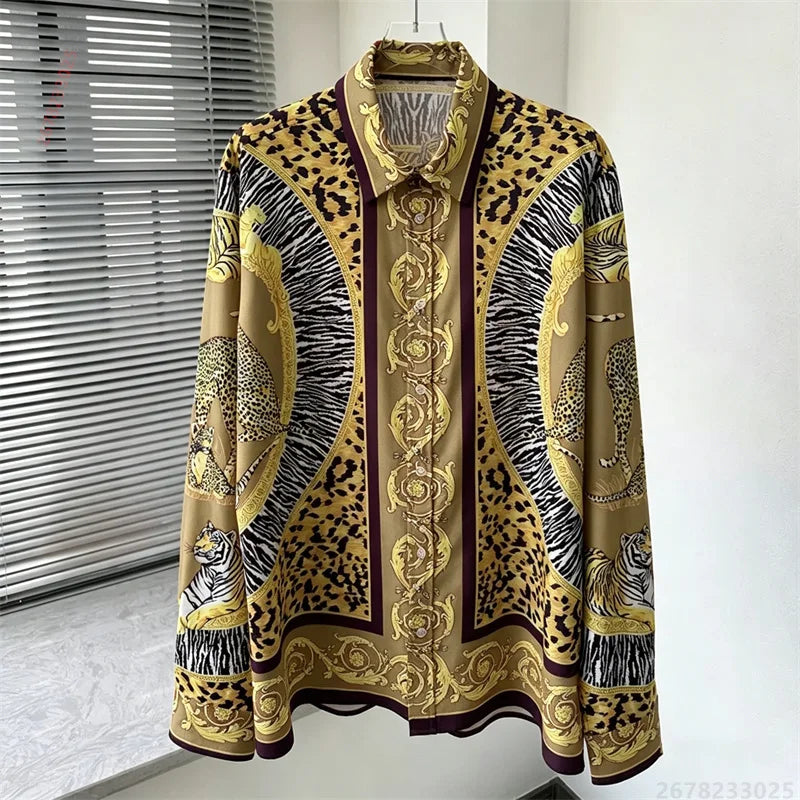 Men's shirt retro Baroque animal print shirt casual loose long sleeved shirt light luxury design sense men's top XS-6XL size