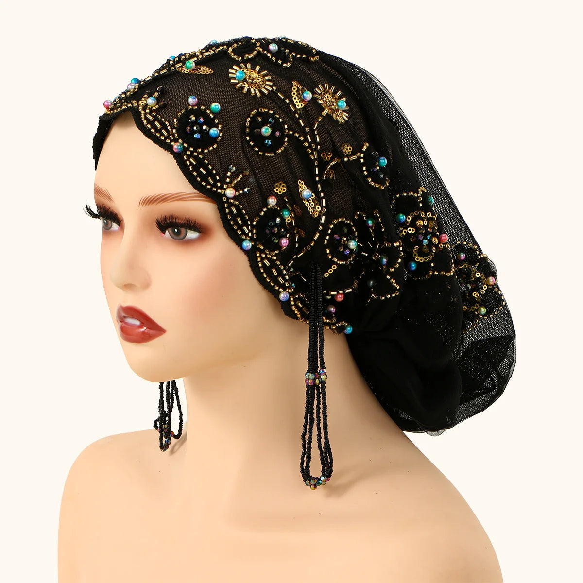 Women’s Luxury Pearl Embroidered Mesh Hijab Cap