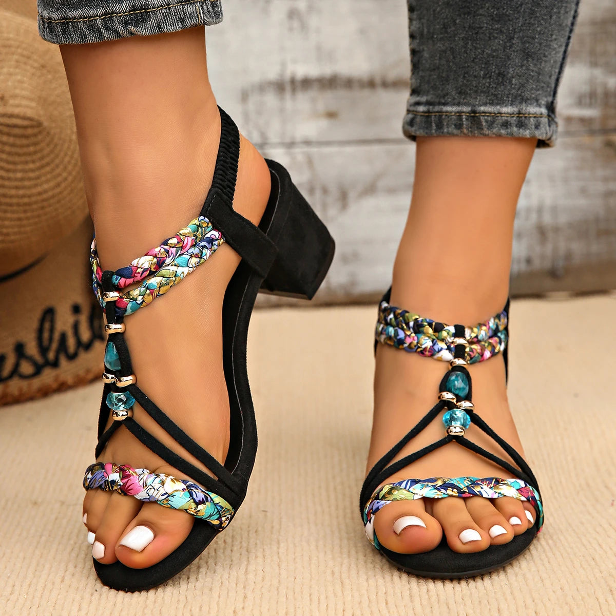 Women’s Bohemian Beaded Gladiator Sandals with Thick High Heels, Elastic Strap & Plus Size Summer Style