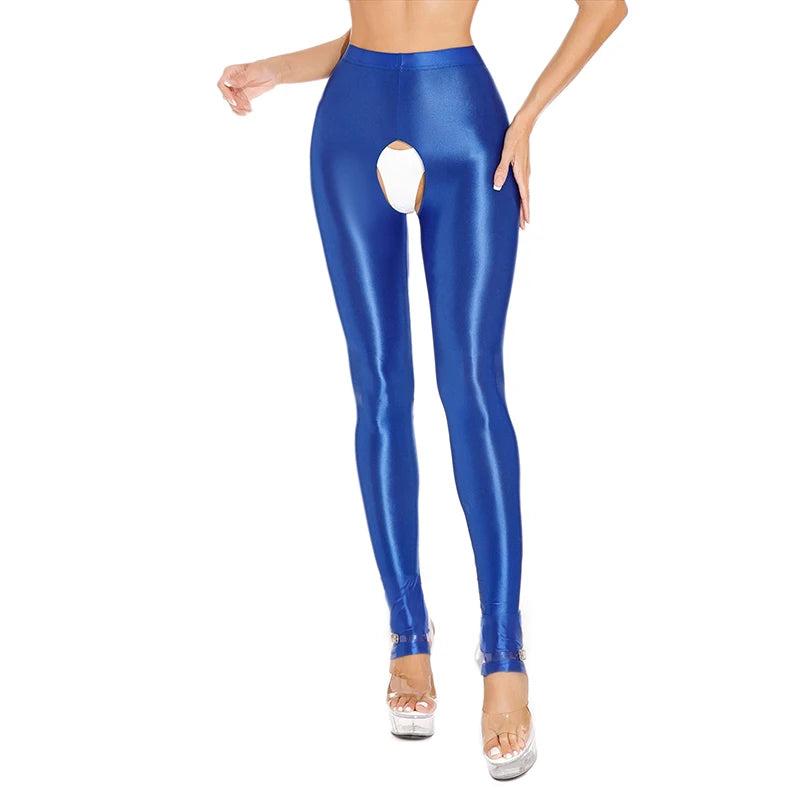 Womens Oil Glossy Open Crotch Leggings Sexy Crotchless Pants Elastic Waistband Stretchy Thigh Skinny Trouser for Yoga Nightwear