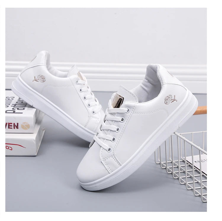 Women’s Floral Embroidered White Sneakers – Breathable PU Leather Lace-Up Casual Fashion Walking Shoes