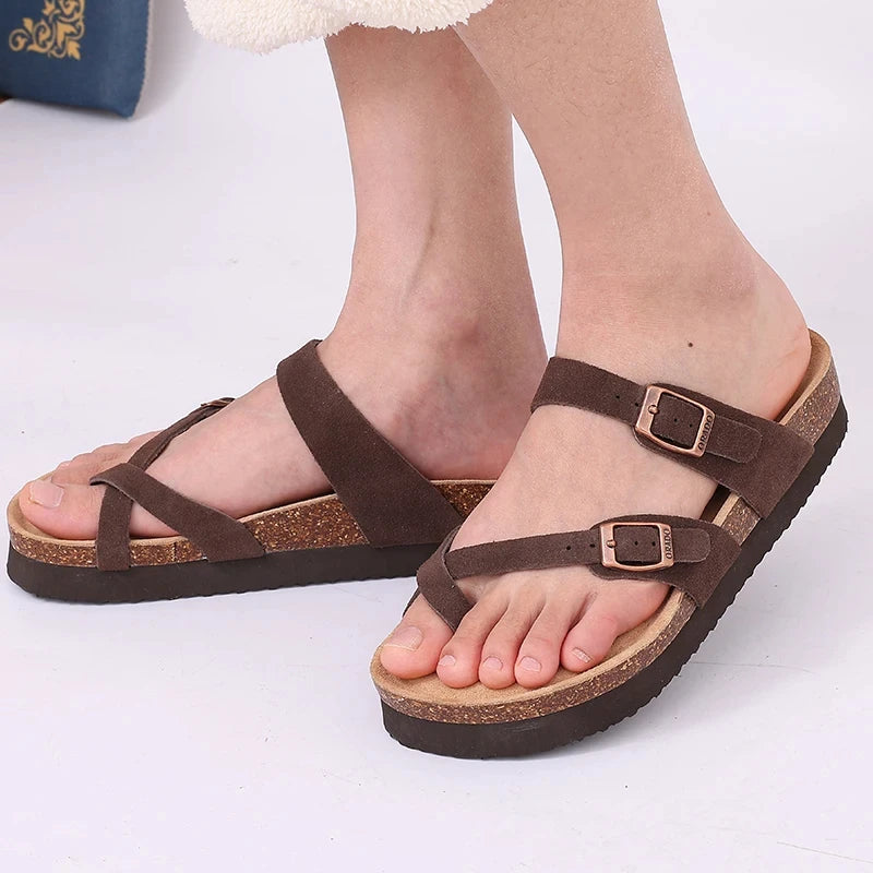 Litfun Classic Leather Cork Slippers Women Fashion Suede Flats Sandals Thick Footbed Cork Slides Unisex Outdoor Beach Slippers