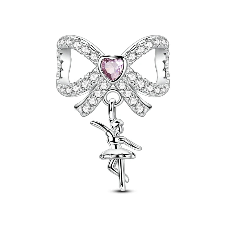 925 Sterling Silver Pink Ballet Girl Bow Pendant Charm Bead for Women – Elegant DIY Jewelry Making Charm for Bracelets & Necklaces