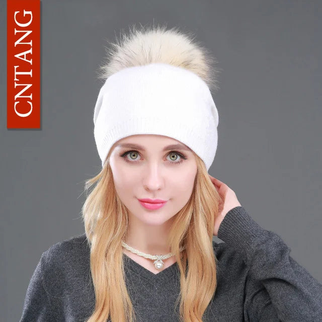 Autumn Winter Knitted Wool Hats For Women Fashion Pompon Beanies Fur Hat Female Warm Caps With Natural Genuine Raccoon Fur Cap
