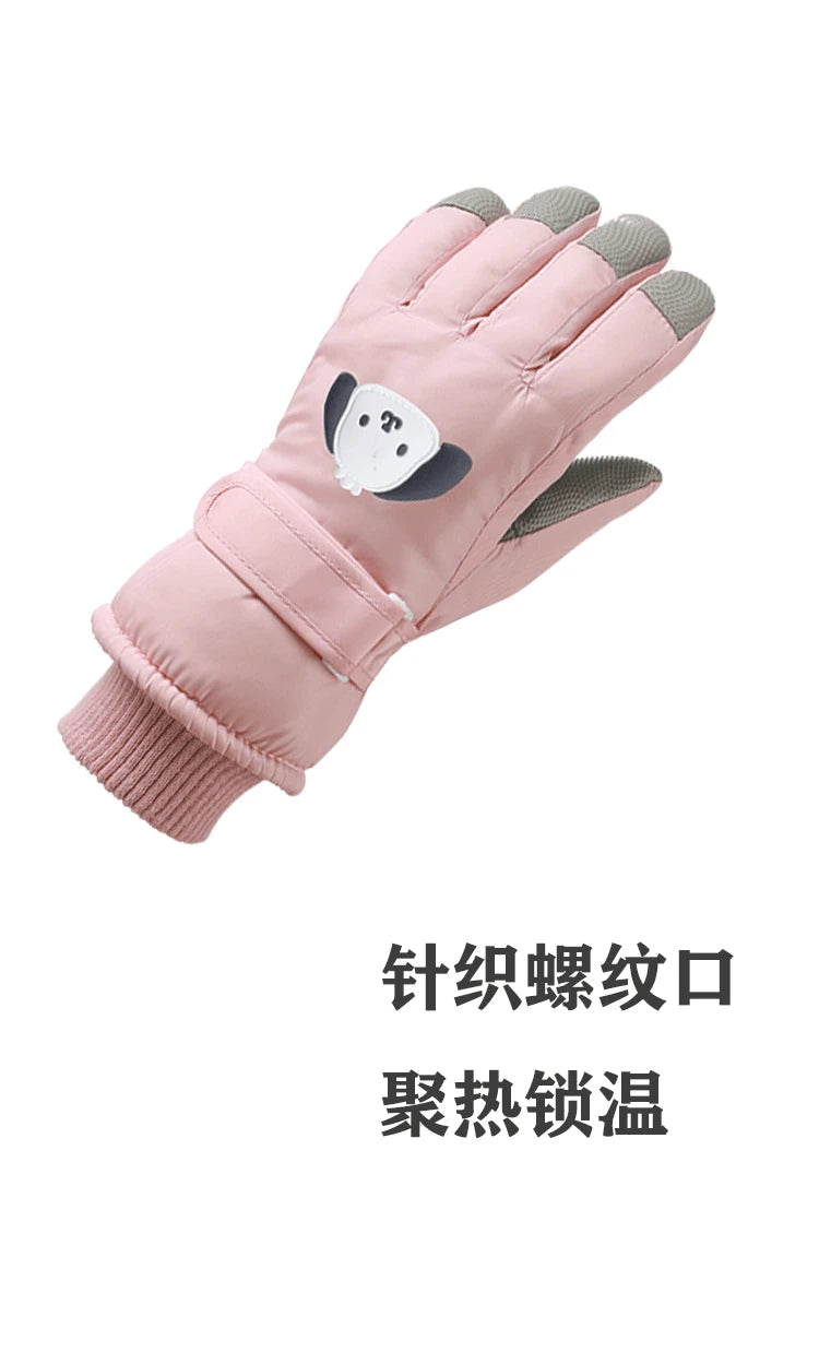 Kids Ski Gloves Boys Girls Winter Warm Fleece Lined Cotton Padded Thickened Anti-Slip Cute Snow Play Water Resistant Snowboard