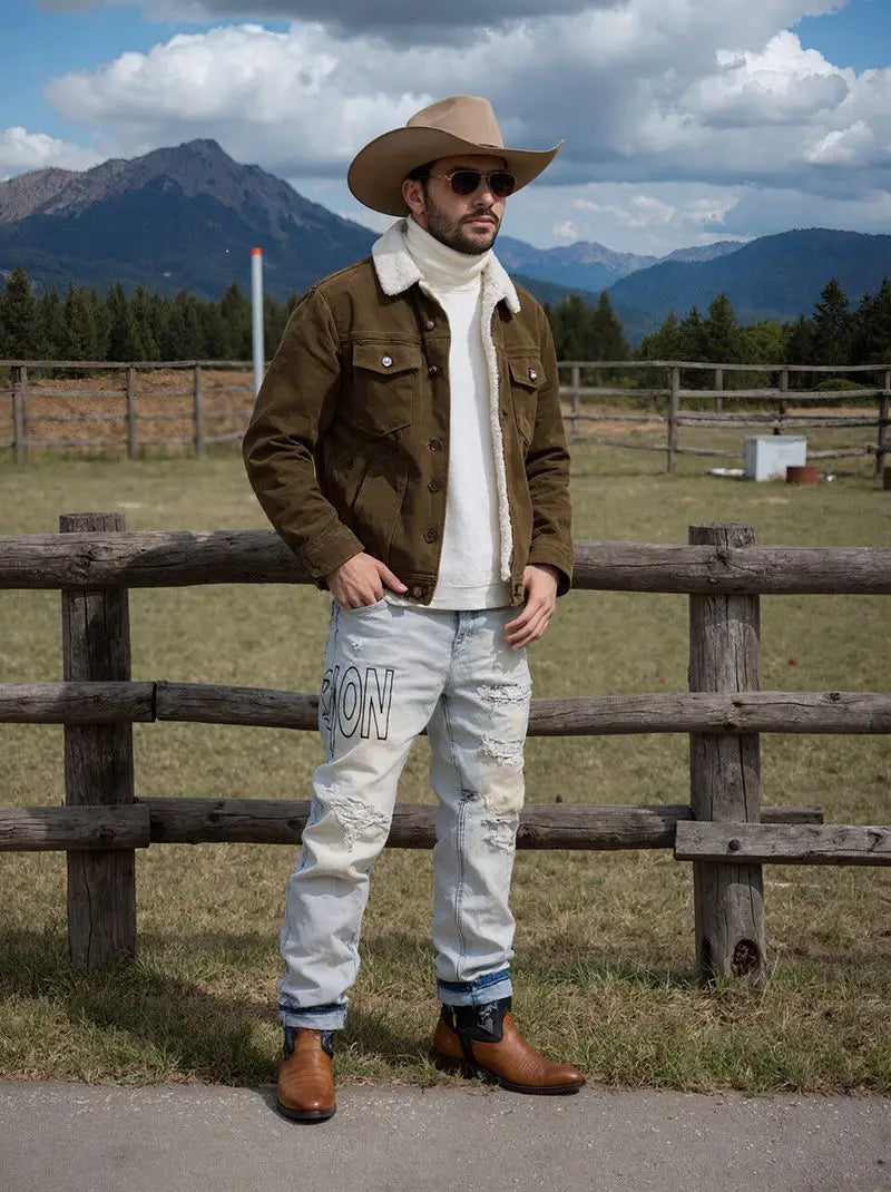 【HME】Men's jeans | Straight‑Fit Western Style Denim Pants For Men, Light‑Wash Destroyed Denim Trousers, Loose Comfort Casual pants, Fashion Letter Graphic Denim Bottoms, Ideal Match With Cowboy Boots For Street And Ou