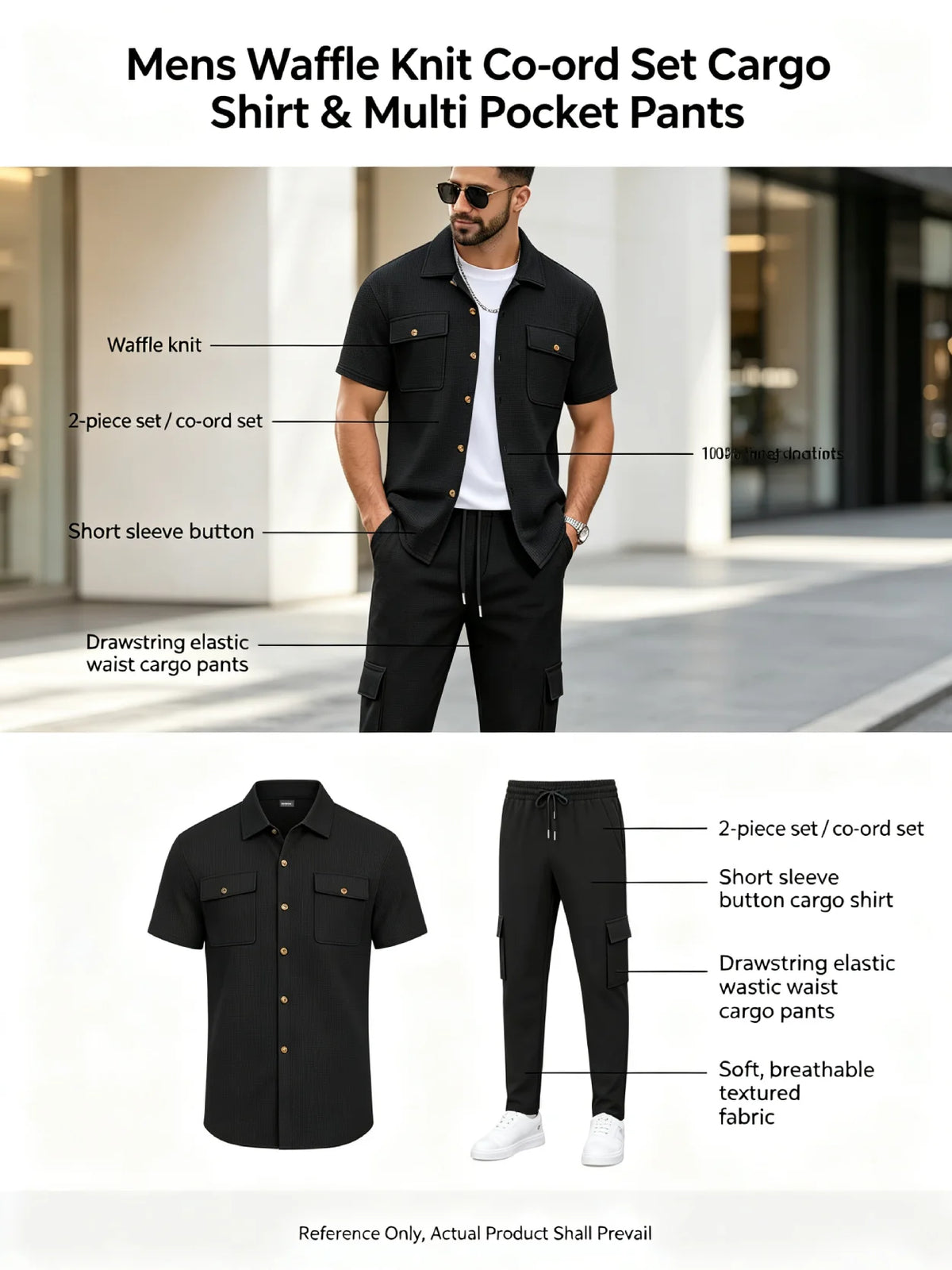 Men's Matching Sets: Waffle Knit 2PC Outfit & Light Coats, Short Sleeve Cargo Shirt & Drawstring Multi-Pkt Pants for Daily