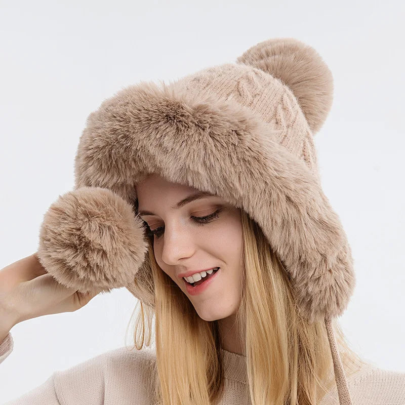 Winter Hat For Women Hooded Face Mask Fluff Keep Warm Thicken Style Neck Scarf Hooded Cap Beanie Knitted Cashmere Neck Warmer