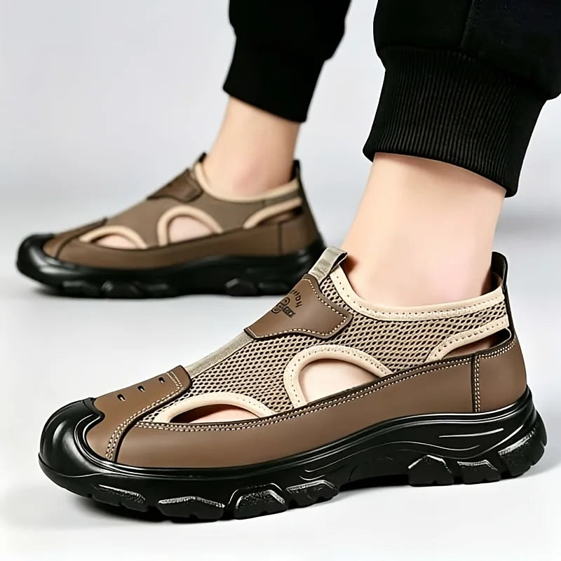 Men Closed Toe Hiking Sandals 2026 New Breathable Mesh Leather Slip On Outdoor Water Shoes Non Slip Thick Sole Beach Walking Sandals Black Brown Two Color Comfort Casual Footwear For Driving Fishing Travel Camping Daily Summe