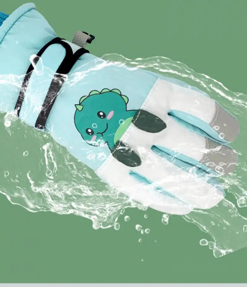 Winter Ski Gloves for Children Windproof Thickened Five-Finger Gloves Cartoon Printed Boys Girls Snow Warm Accessories 4-12Years