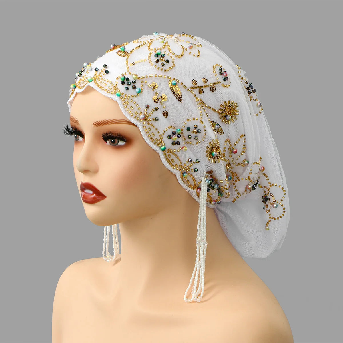 Women’s Luxury Pearl Embroidered Mesh Hijab Cap