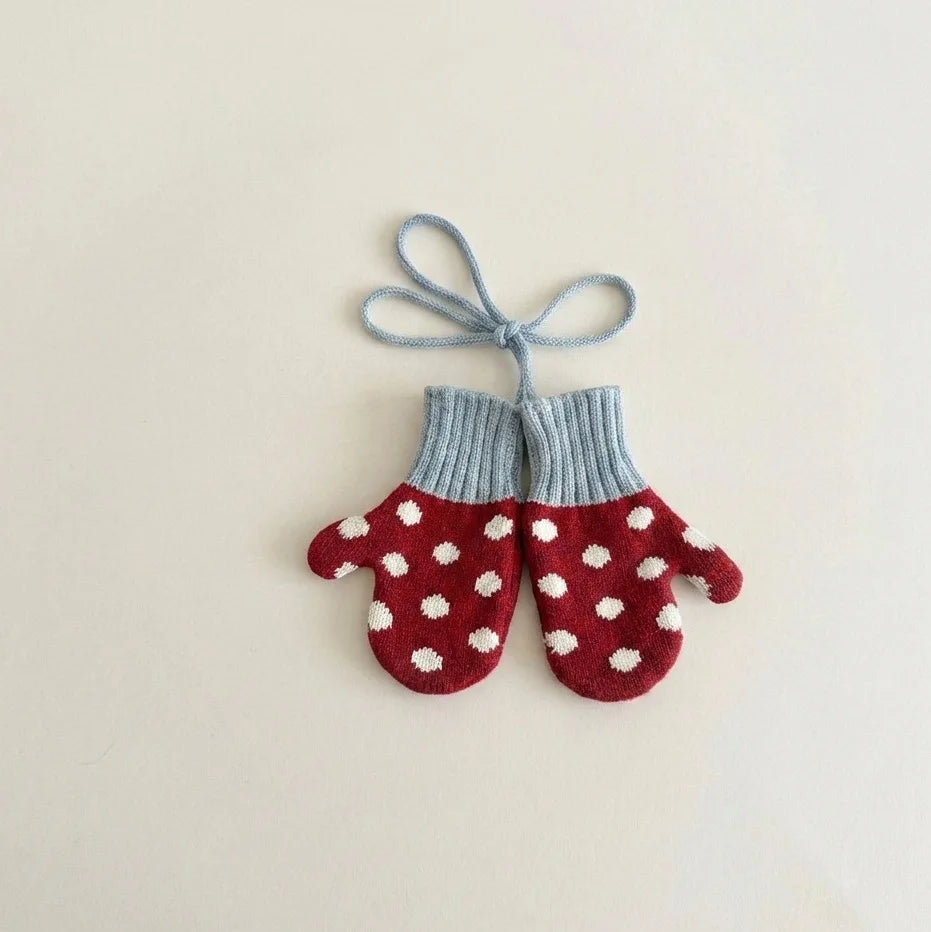 Autumn Winter Baby Anti-lost Gloves Korean Fashion Polka Dot Mittens Kids Gloves Warm Knitted Toddler Gloves for Outdoor Wear