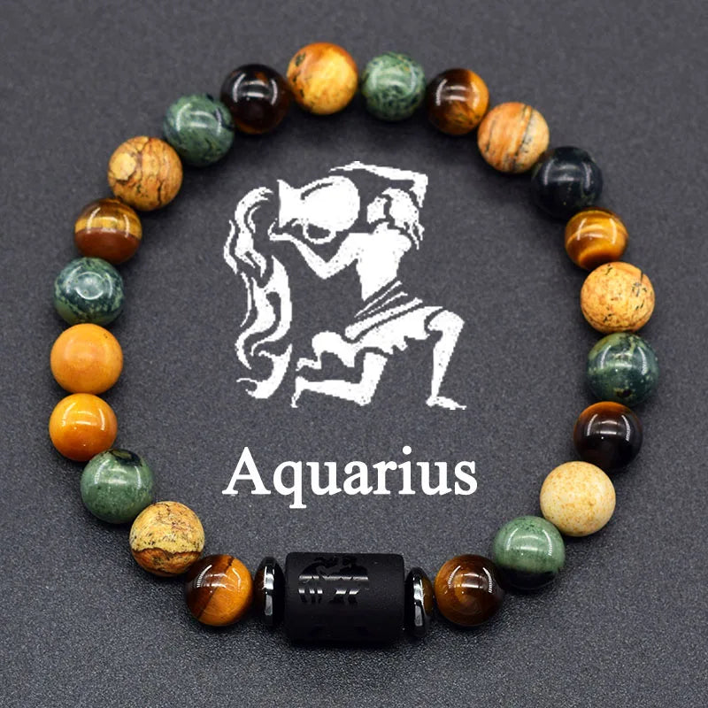 12 Zodiac Constellation Signs Bracelet for Men & Women – Natural Tiger Eye Stone Beaded Bracelet, Leo Taurus Charm Couple Jewelry