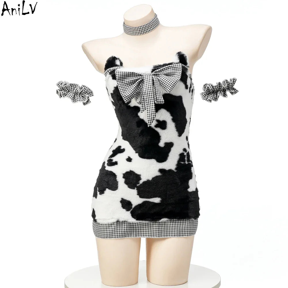 Women’s Kawaii Cow Maid Swimsuit Cosplay Set