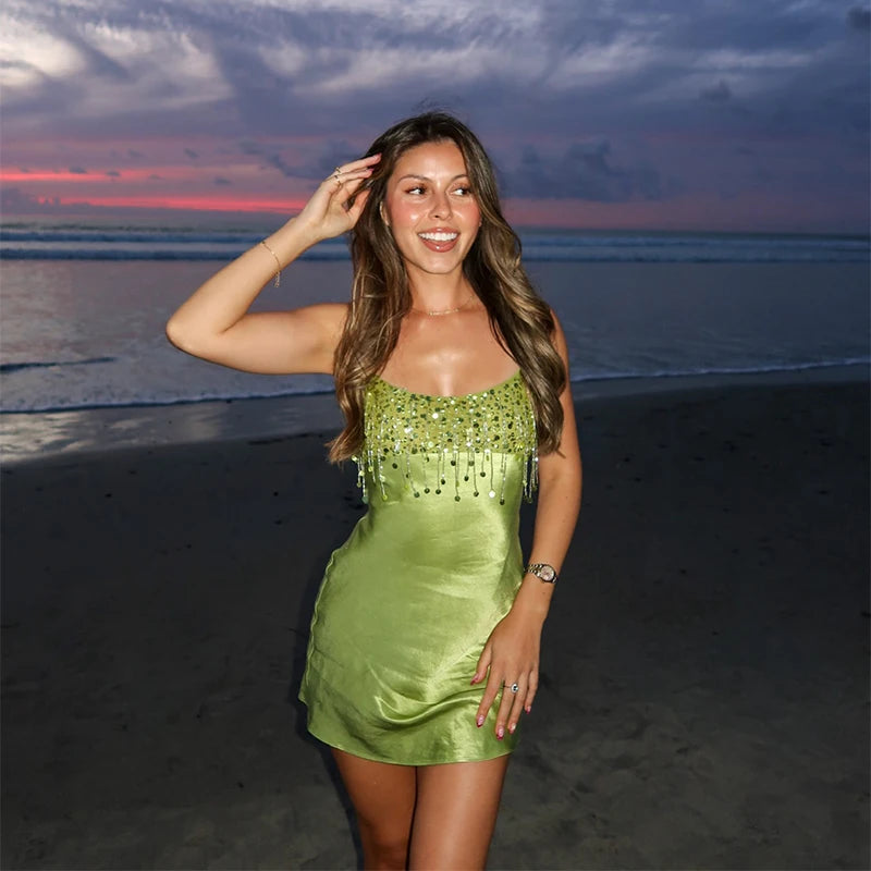Women’s Elegant Square Neck Tassel Mini Dress