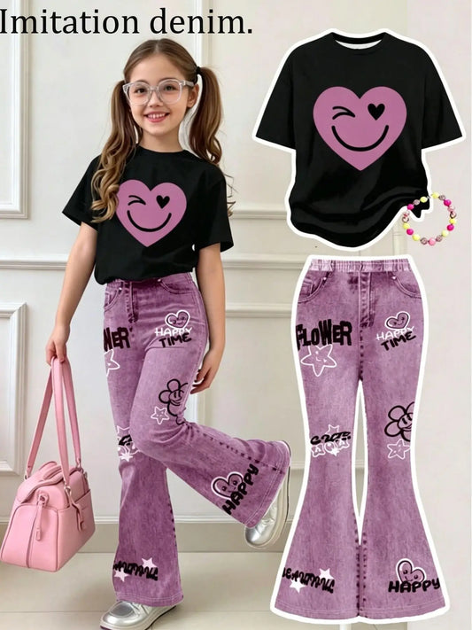 Girls' 2-Piece Summer Set: Smiley Face Top and Purple Flared Pants