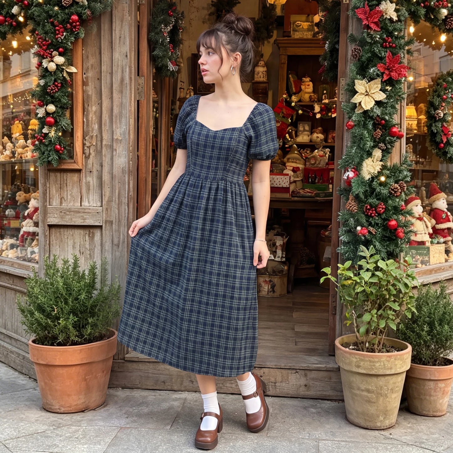 Plaid Puff-Sleeve Midi Dress