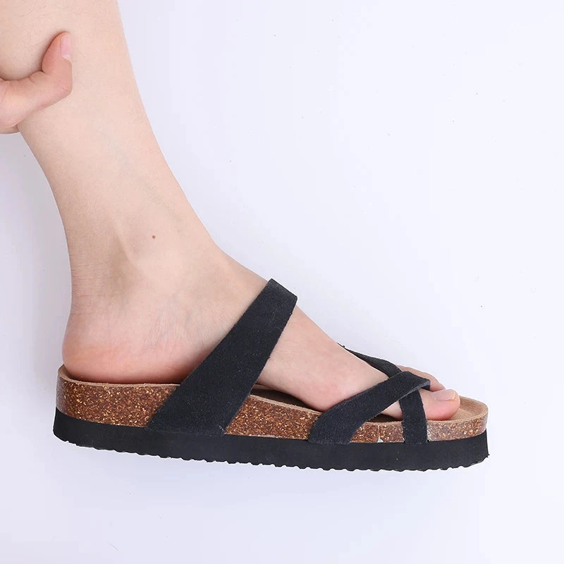 Litfun Classic Leather Cork Slippers Women Fashion Suede Flats Sandals Thick Footbed Cork Slides Unisex Outdoor Beach Slippers