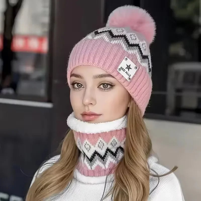 2PCS Winter Women Plush Velvet Hats Neck Warmer Hat Scarf Set Beanies Cycling Windproof Hat Outdoor Ear Protection Outdoor