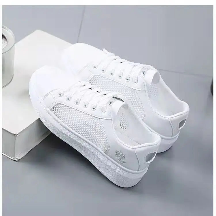 Women’s Floral Embroidered White Sneakers – Breathable PU Leather Lace-Up Casual Fashion Walking Shoes
