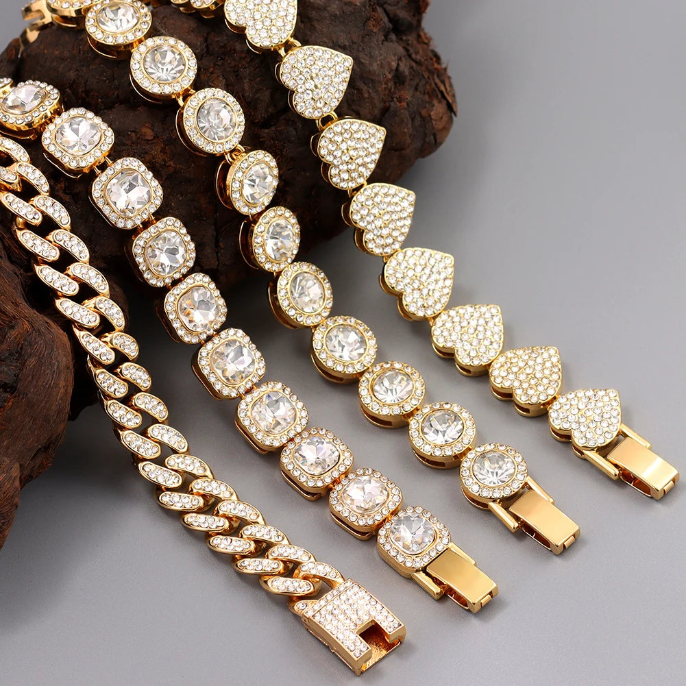 Iced Out Pink Cuban Bracelet Set for Women – 4Pcs Hip Hop Crystal Heart, Circle & Square Gold/Silver Tone Bracelets, Fashion Jewelry Gift