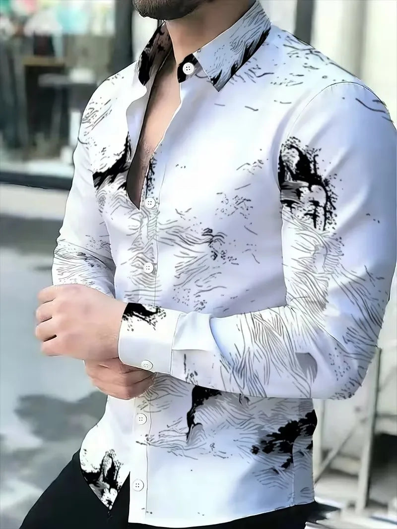 New blue and white geometric wave dynamic printed shirt with trendy technology for men's slim fit long sleeved shirt