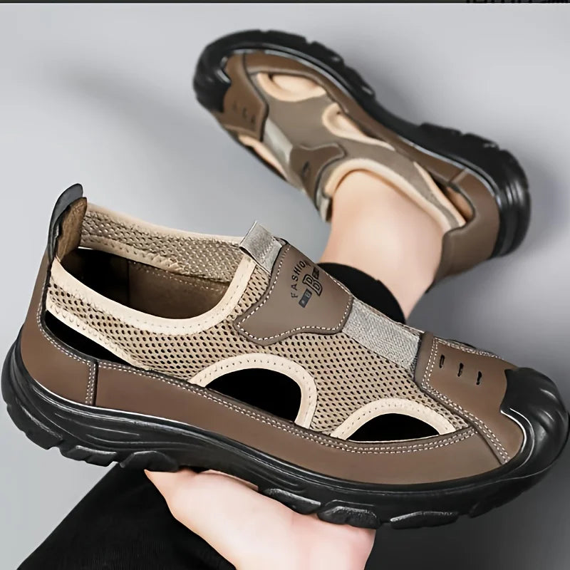 Men Closed Toe Hiking Sandals 2026 New Breathable Mesh Leather Slip On Outdoor Water Shoes Non Slip Thick Sole Beach Walking Sandals Black Brown Two Color Comfort Casual Footwear For Driving Fishing Travel Camping Daily Summe