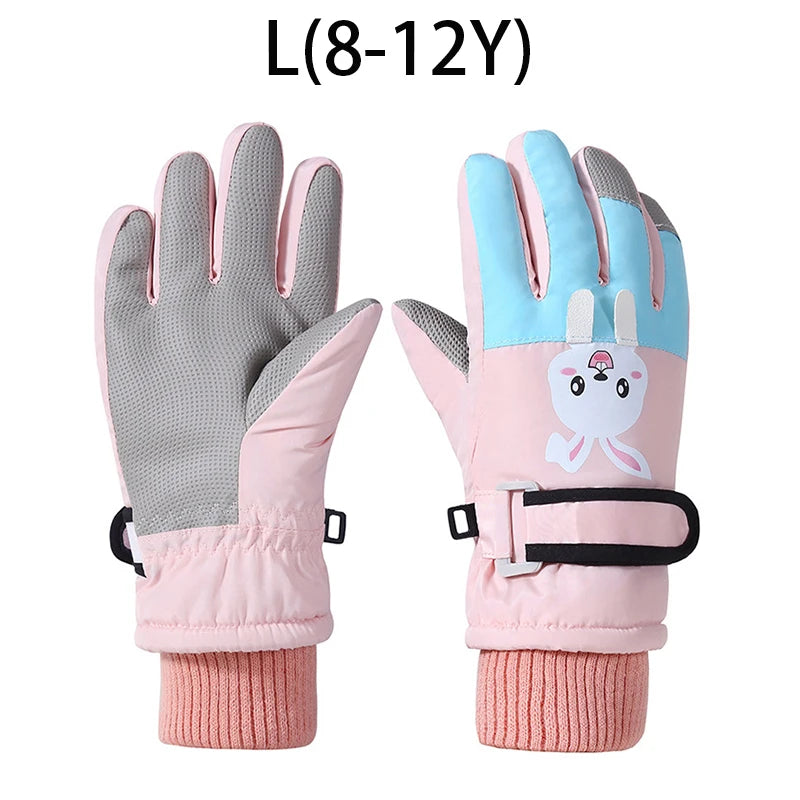 Winter Ski Gloves for Children Windproof Thickened Five-Finger Gloves Cartoon Printed Boys Girls Snow Warm Accessories 4-12Years