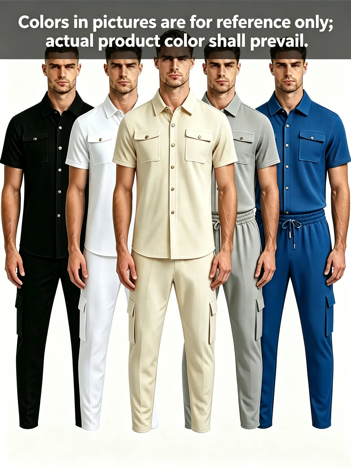 Men's Matching Sets: Waffle Knit 2PC Outfit & Light Coats, Short Sleeve Cargo Shirt & Drawstring Multi-Pkt Pants for Daily