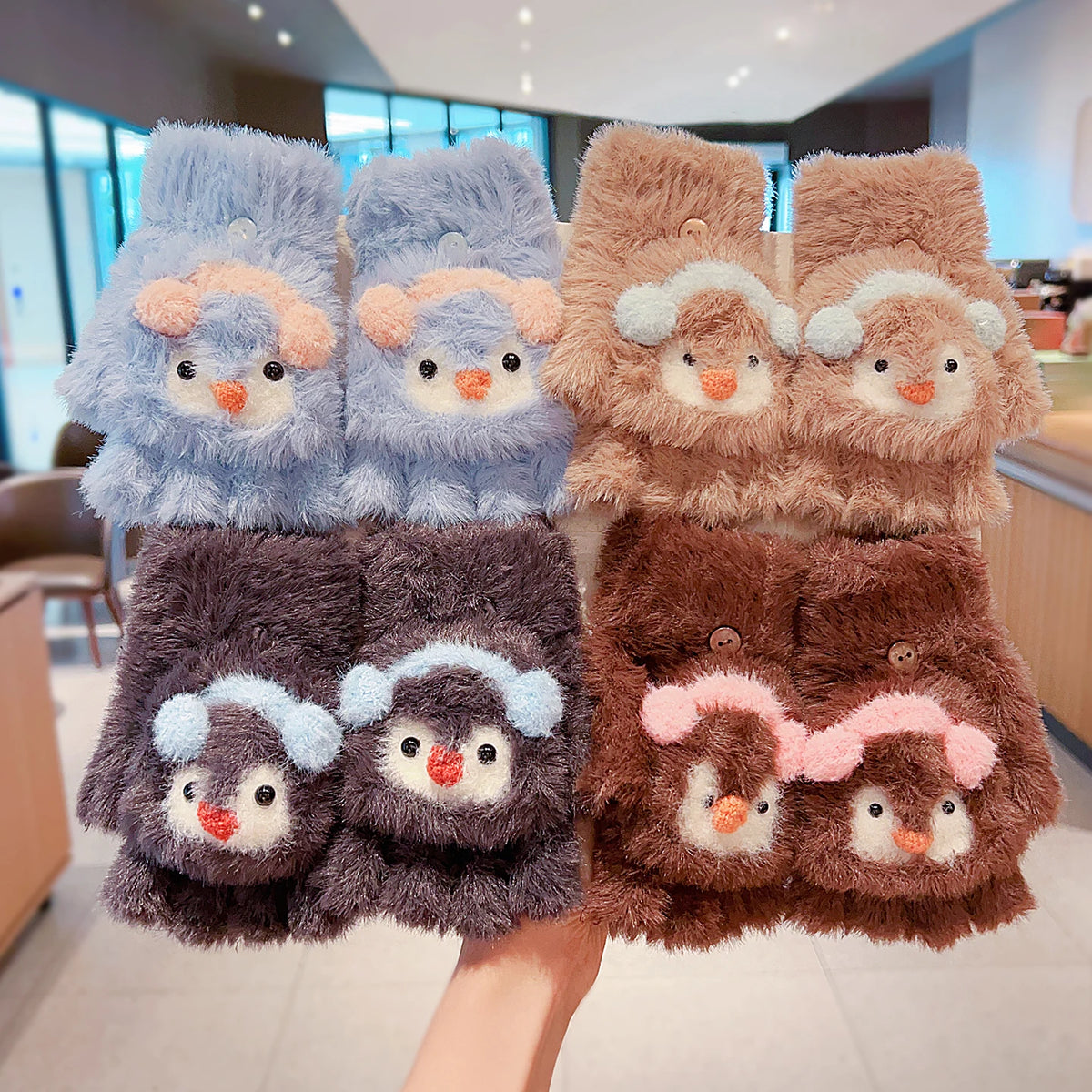 Cute Cartoon Animal Plush Flip Gloves Faux Mink Fur Convertible Half Finger Mittens Soft Warm Winter Gloves For Girls Boy Daily